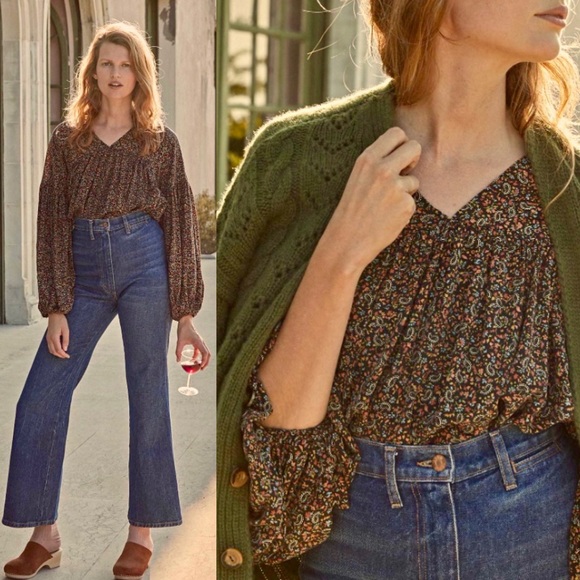 NWT DOEN Medium SAVONA Silk Top Blouse sz M Black Paisley Balloon Sleeve V-neck - Picture 2 of 14